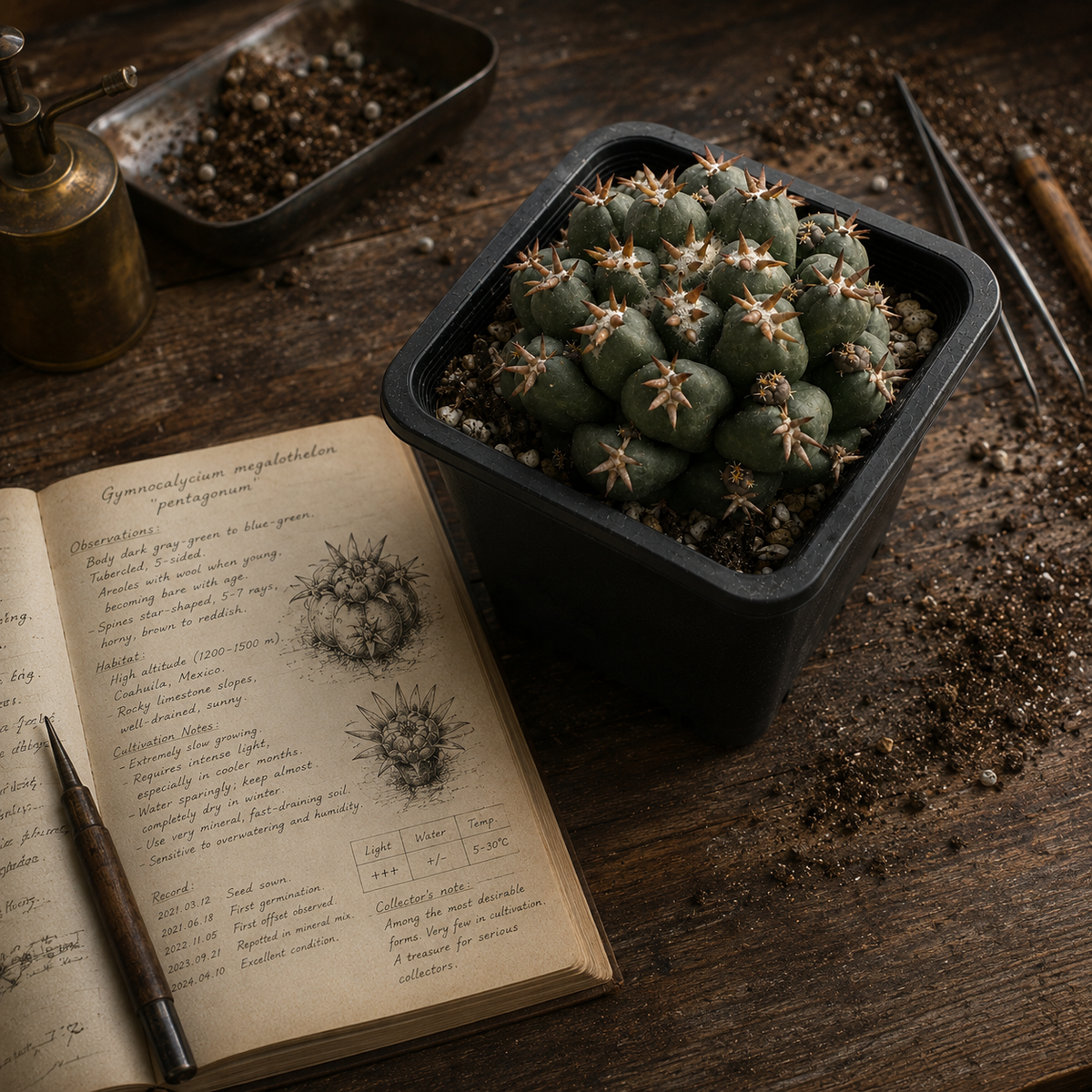 Potted cactus on a wooden table with an open notebook and gardening tools.
