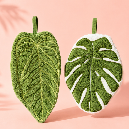 Leaf Hand Towel Set 2pcs | Monstera & Tropical Leaf Design | Cute Kitchen Bathroom Towels | Soft Absorbent