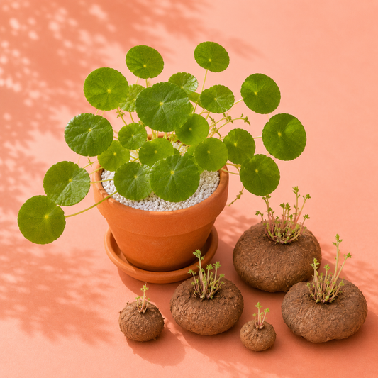 A potted round-leaf plant in a terracotta pot with a saucer, shown alongside several brown tuber-like plant divisions on a peach-pink background with soft leaf shadows.